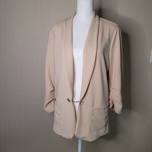 Elegant Beige Blazer - Ruched Sleeves - Size Medium